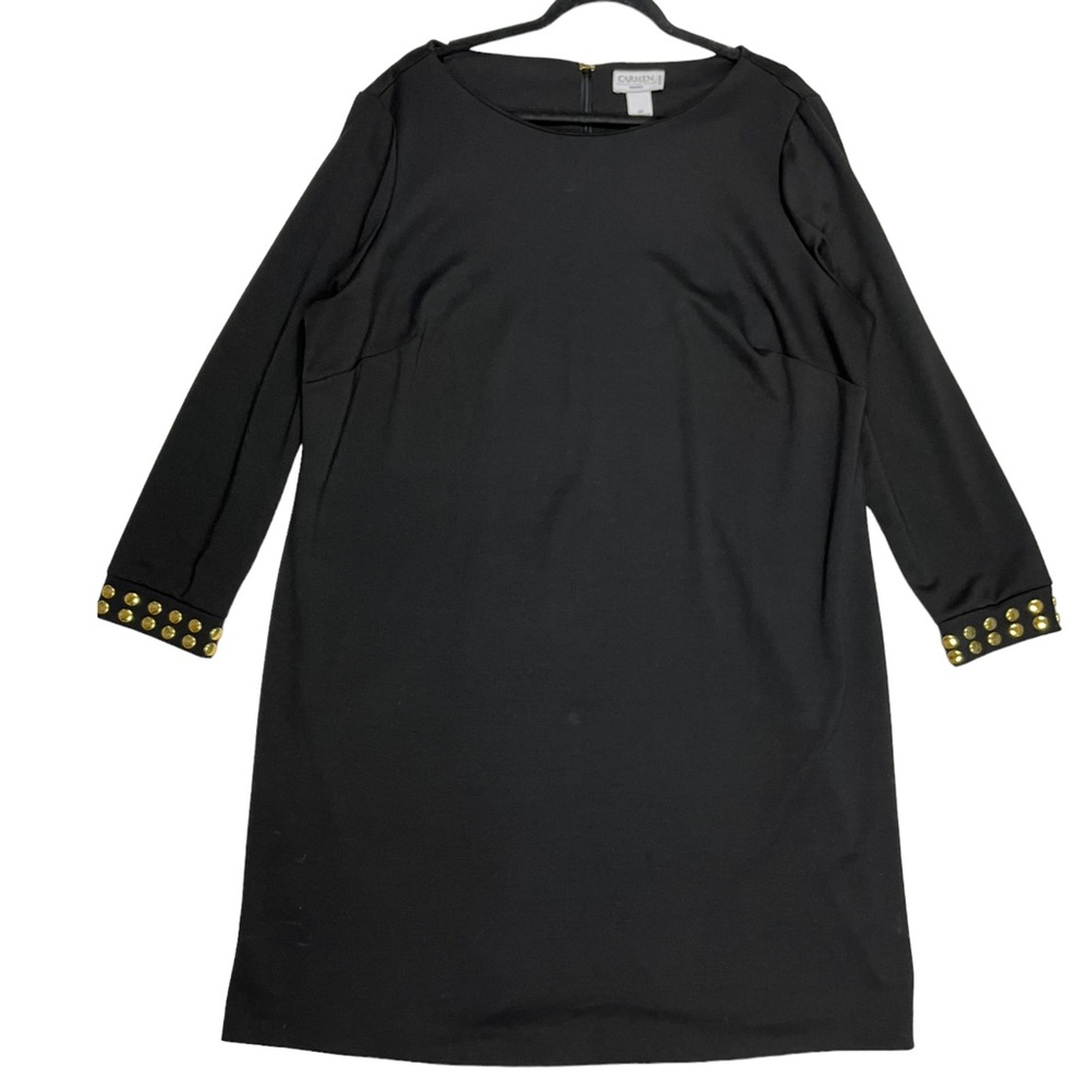 Carmen Marc Valvo Cocktail Dress Black Ponte Gold Stud Long Sleeve Size 2X